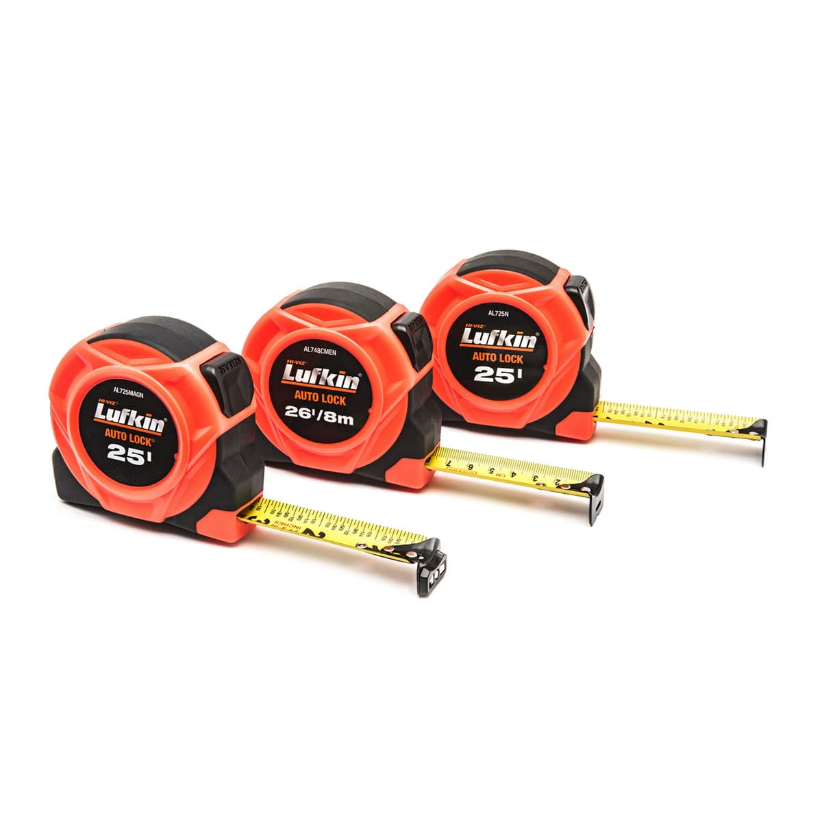 Crescent Lufkin AL725MAGN 1" x 25' Hi-Viz Orange Auto-Lock Magnetic Hook Yellow Clad Tape Measure - 2