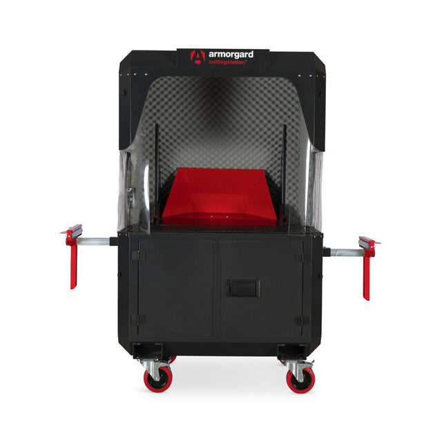 Armorgard SS7-T 54.7" x 30.7" x 74.8" Mobile Cutting Station Workstation with PVC Spark Curtains and Sound Deadening