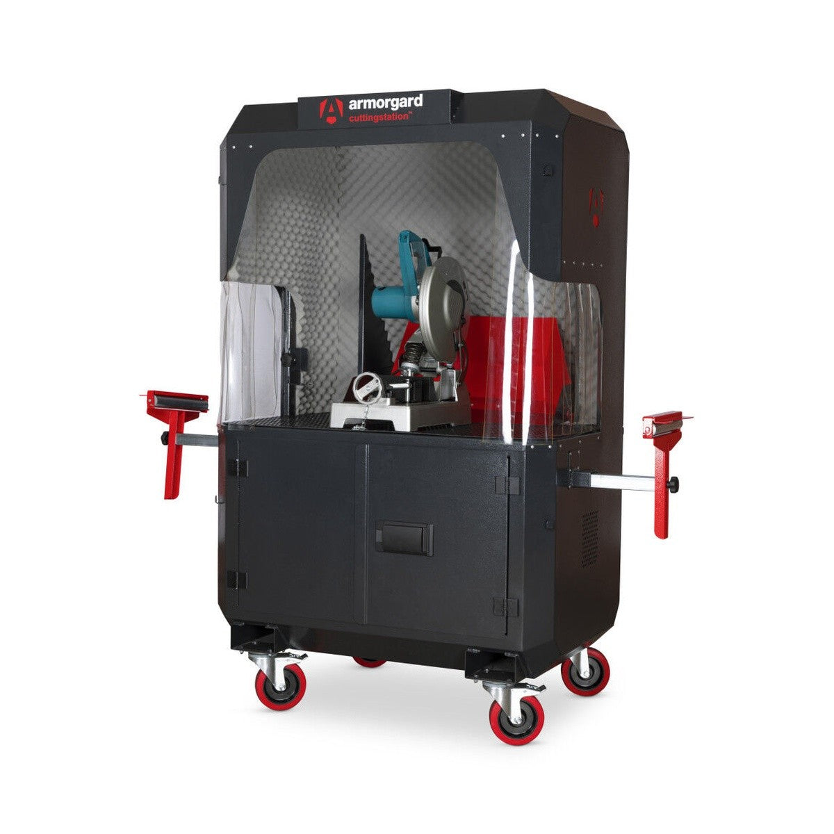 Armorgard SS7-T 54.7" x 30.7" x 74.8" Mobile Cutting Station Workstation with PVC Spark Curtains and Sound Deadening - 3