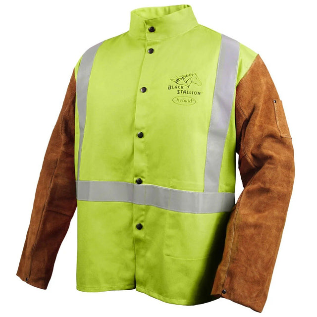 Black Stallion JH1012-LM-L Hi-Vis Hybrid Welding Jacket with FR Cotton Body and Split Cowhide Sleeves 30 in Length Large (1 Each)