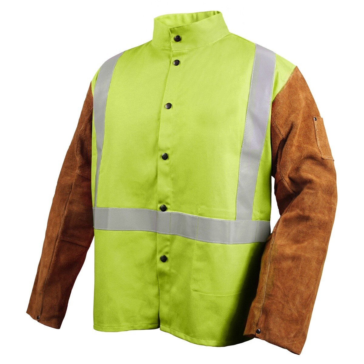 Black Stallion JH1012-LM-XL 30" 9 oz FR Cotton and Split Cowhide Hybrid Welding Coat Safety Yellow with Reflectives