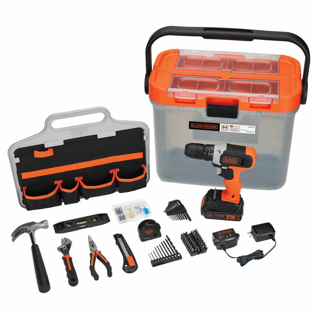 Black & Decker BCKSB62C1 20V MAX* Drill with 63 pc. Hand Tool and Accessory Home Project Kit