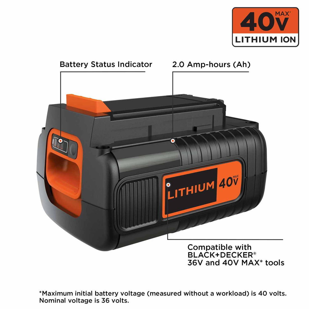 Black & Decker LBX2040 40V MAX* 2.0 Ah Lithium Ion Battery - 4