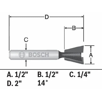 Bosch 84703MC 14 Degree x 1/2" Carbide Tipped Dovetail Router Bit with 1/4" Shank
