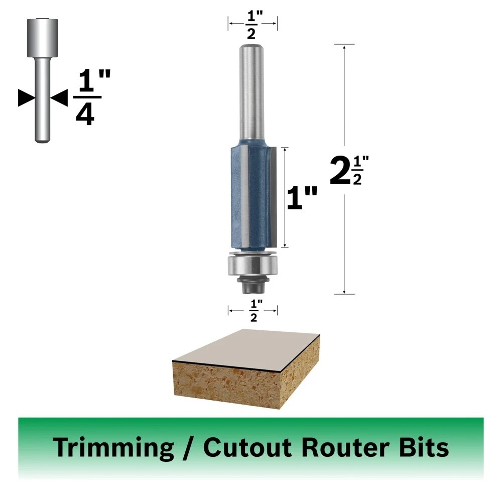 Bosch 85216M 1/2" x 1" Carbide Tipped 3-Flute Flush Trim Router Bit - 2