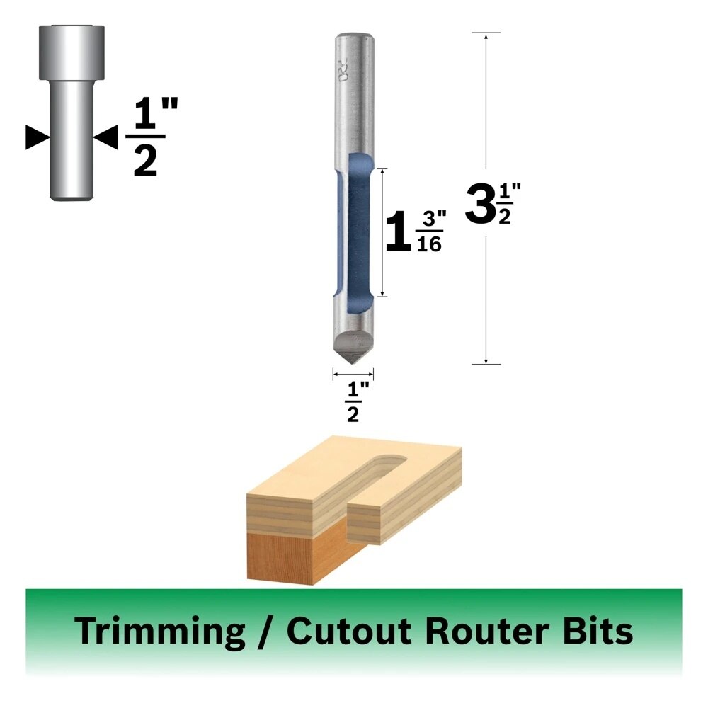 Bosch 85246 1/2" x 1-3/16" Carbide Tipped 1-Flute Pilot Panel Straight Router Bit - 2
