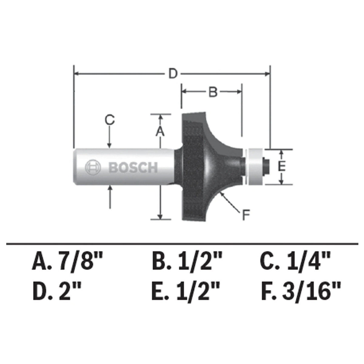 Bosch 85293MC 3/16" x 1/2" Carbide-Tipped Roundover Router Bit for Edge Forming - 3