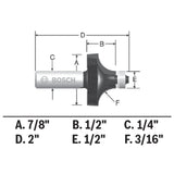 Bosch 85293MC 3/16" x 1/2" Carbide-Tipped Roundover Router Bit for Edge Forming - 3