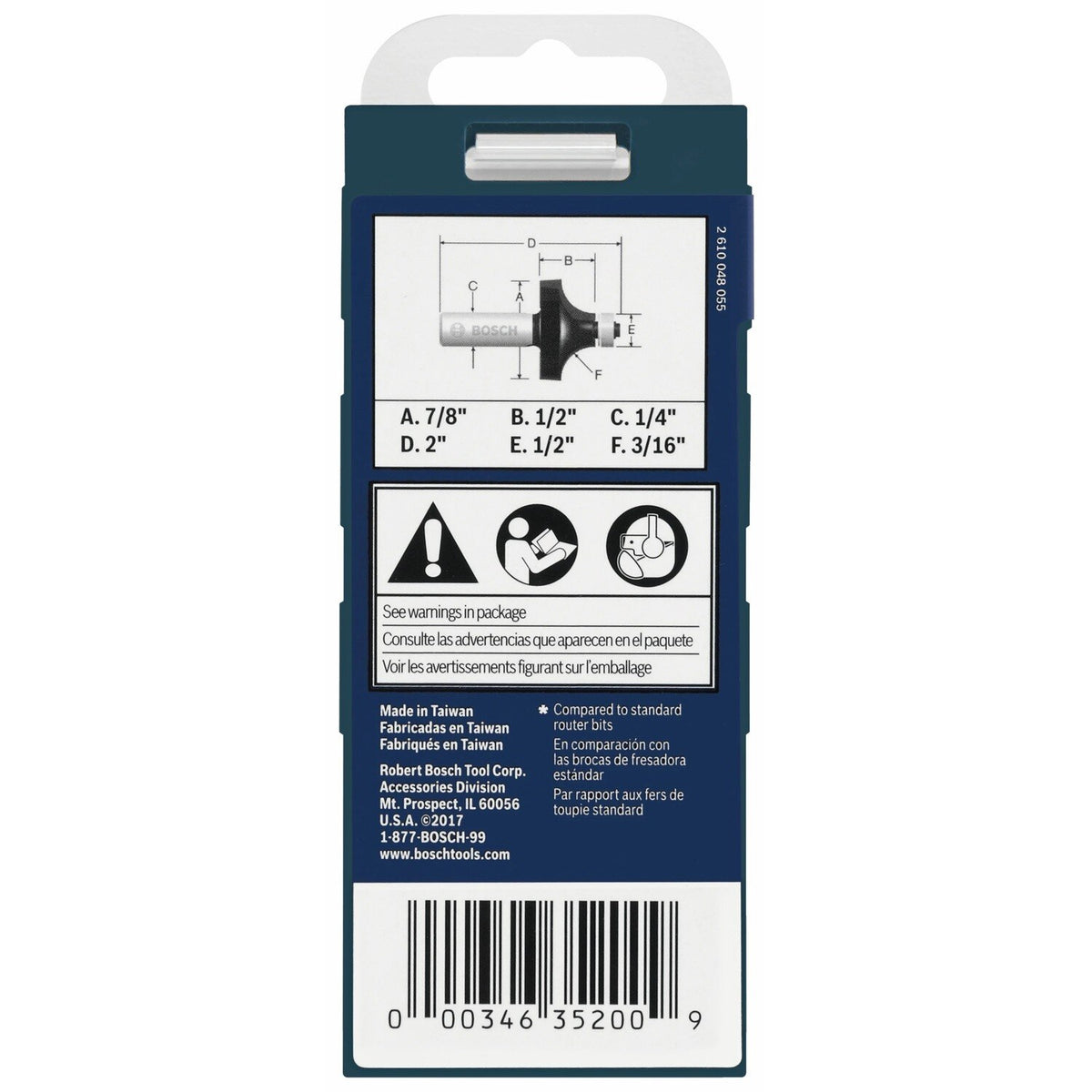 Bosch 85293MC 3/16" x 1/2" Carbide-Tipped Roundover Router Bit for Edge Forming - 4