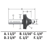 Bosch 85297MC 1/2" x 11/16" Carbide Tipped Roundover Router Bit with 1/4" Shank and Bearing - 2