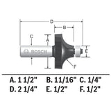 Bosch 85297MC 1/2" x 11/16" Carbide Tipped Roundover Router Bit with 1/4" Shank and Bearing - 2