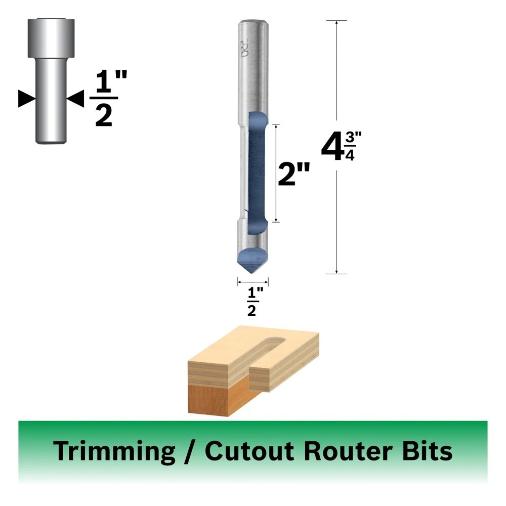 Bosch 85407M 1/2" x 2" Carbide Tipped 1-Flute Pilot Panel Straight Router Bit - 2