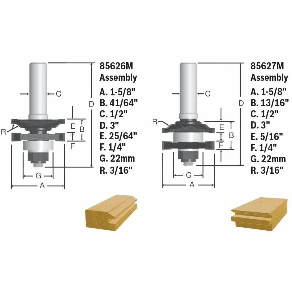 Bosch 85625MC 1/2" Shank x 1-5/8" Carbide Tipped Ogee Stile and Rail Router Bit Set (2 Pack) - 3