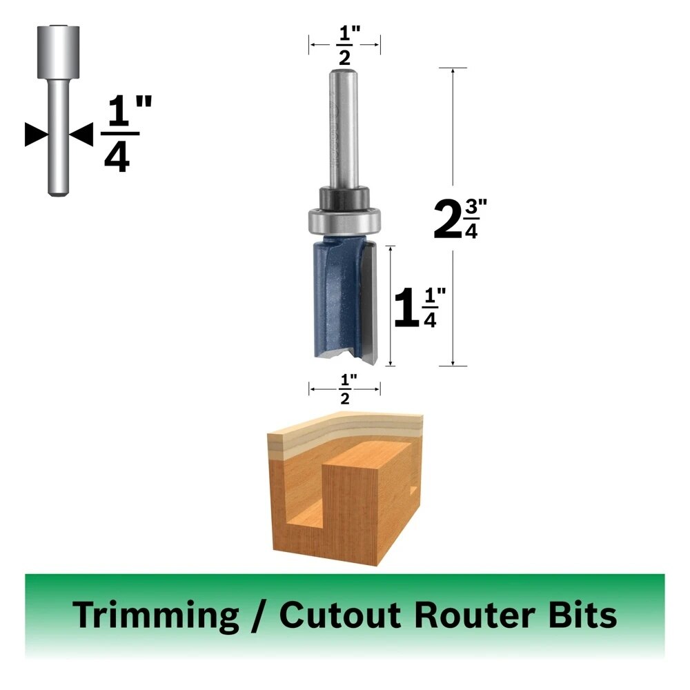 Bosch 85672M 1/2" x 1-1/4" Carbide Tipped 2-Flute Top Bearing Straight Trim Router Bit - 2
