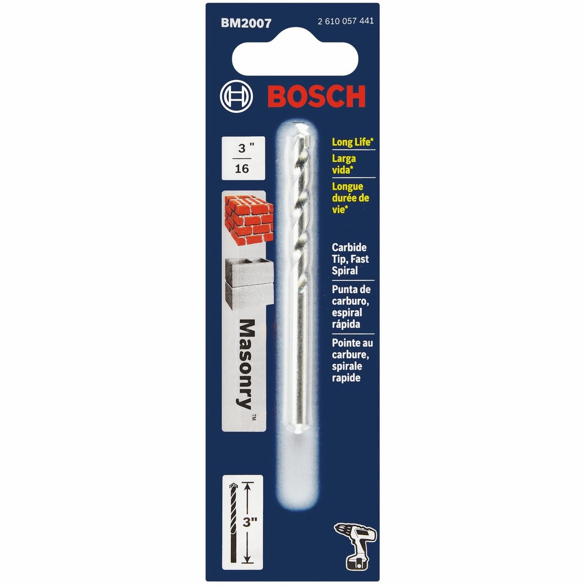 Bosch BM2007 3/16" x 2" x 3" Carbide Tipped Fast Spiral Rotary Masonry Drill Bit - 2