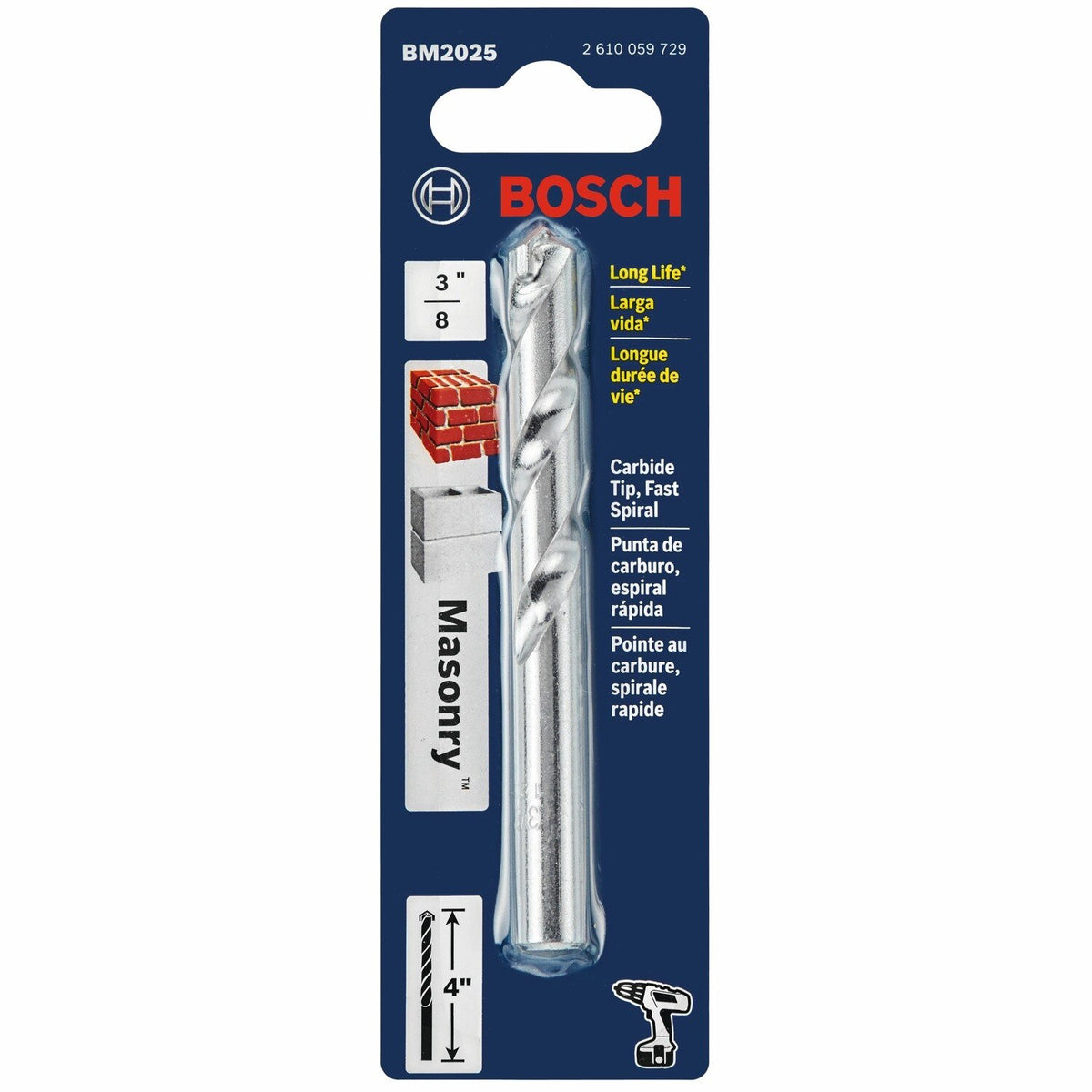 Bosch BM2025 3/8" x 2" x 4" Carbide Tipped Fast Spiral Rotary Masonry Drill Bit - 2