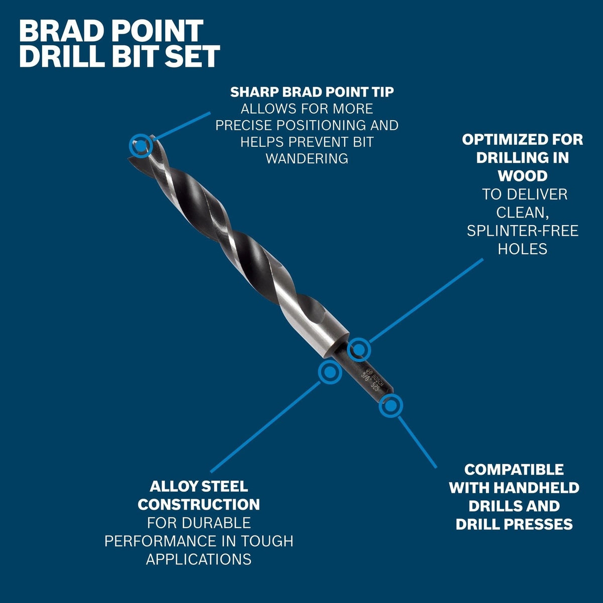 Bosch BP14616 Brad Point Wood Drill Bit Set 1/4" 5/16" 3/8" 7/16" 1/2" (5 Pack) - 2