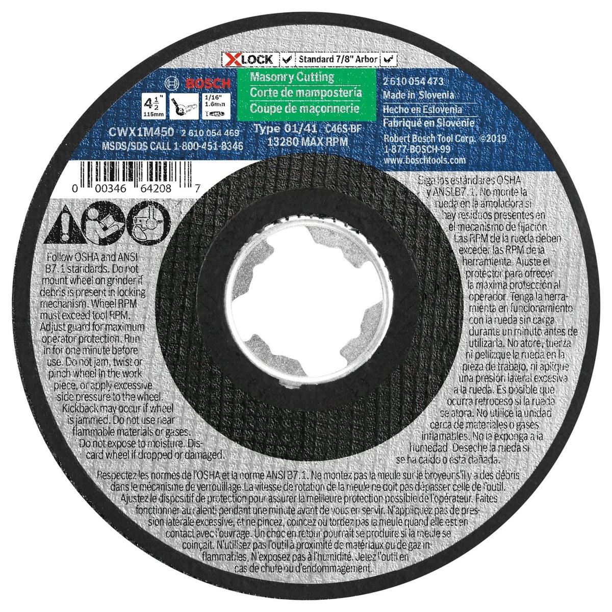 Bosch CWX1M450 4-1/2" x 1/16" X-LOCK 24 Grit Masonry Cutting Abrasive Wheel