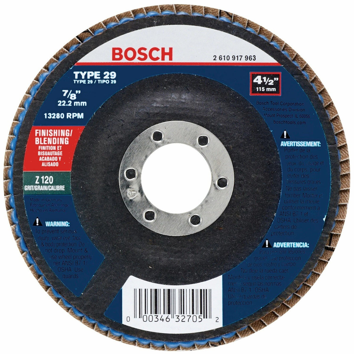 Bosch FD29450120 4-1/2" Type 29 120 Grit Blending and Grinding Abrasive Wheel with 7/8" Arbor