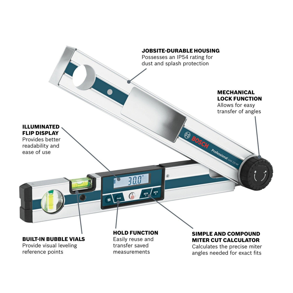 Bosch GAM 220 MF 17.6" Digital Angle Finder with Miter Calculator and Level - 2