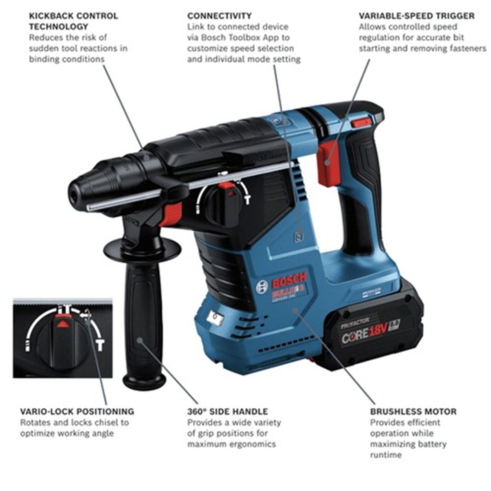 Bosch GBH18V-24CK24 18V Brushless Connected SDS-plus Bulldog 1" Rotary Hammer with (2) CORE18V PROFACTOR Performance Batteries - 2