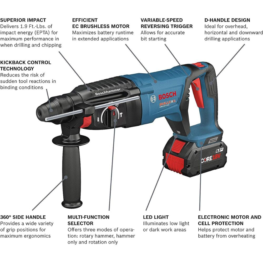 Bosch GBH18V-26DK26GDE 18V EC Brushless SDS-plus Bulldog 1 In. Rotary Hammer Kit with Mobile Dust Extractor and (2) CORE18V Batteries - 2