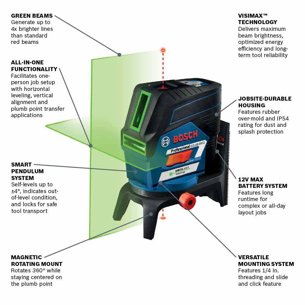 Bosch GCL100-80CG 12V Max Connected Green-Beam Cross-Line Laser w/Plumb Points - 2