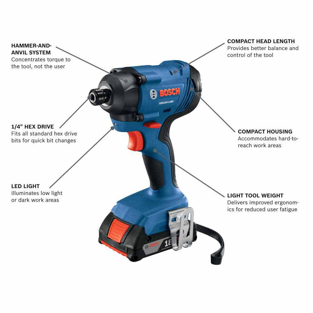 Bosch GDR18V-1400B12 18V 1/4 In. Hex Impact Driver w/ (1) 2.0 Ah Slimpack Battery - 2