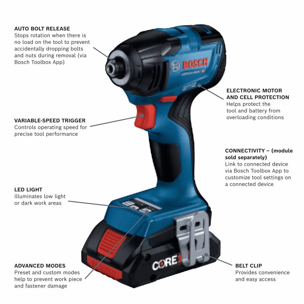 Bosch GDR18V-1860CB25 18V Connected-Ready 1/4" Hex Impact Driver Kit with (2) CORE18V 4.0 Ah Compact Batteries and (1) Connectivity Module - 2