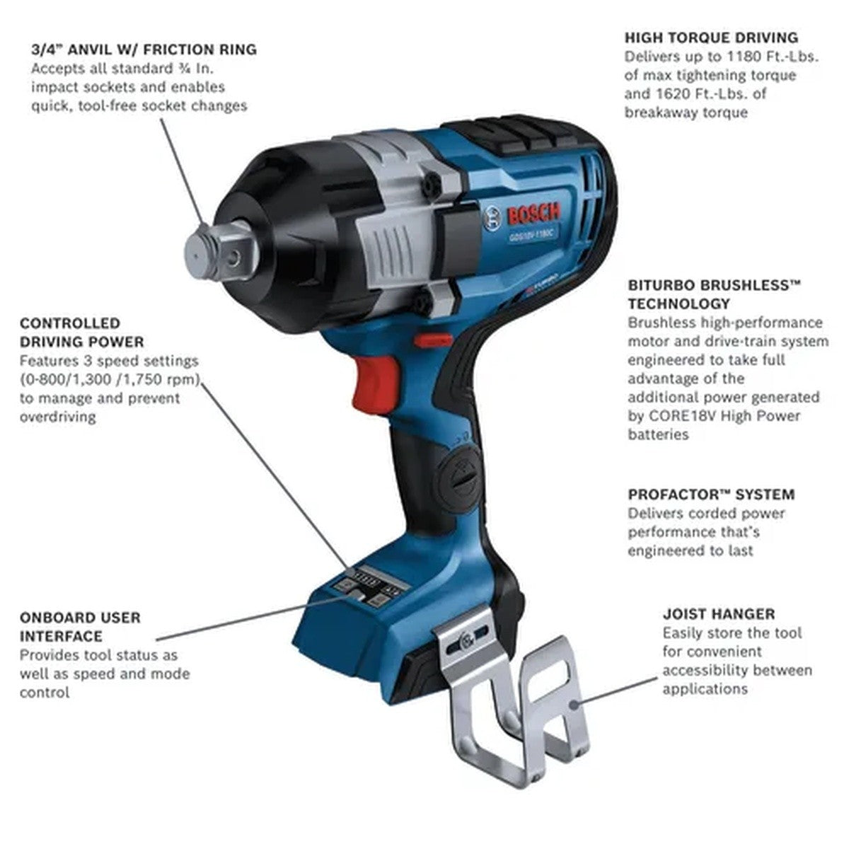 Bosch GDS18V-1180CN 18V PROFACTOR Brushless 3/4" Square Drive Impact Wrench Bare Tool - 2