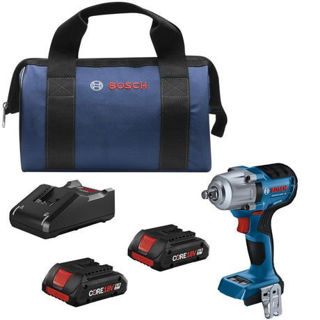 Bosch GDS18V-330CB25 18V Brushless Connected-Ready 1/2 In. Mid-Torque Impact Wrench Kit with Friction Ring and Thru-Hole and (2) CORE18V 4 Ah Advanced Power Batteries