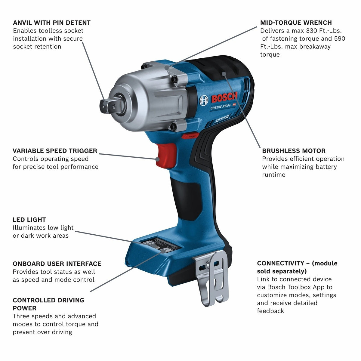 Bosch GDS18V-330PCN 18V Brushless 1/2" Mid-Torque Impact Wrench with Pin Detent Bare Tool - 2