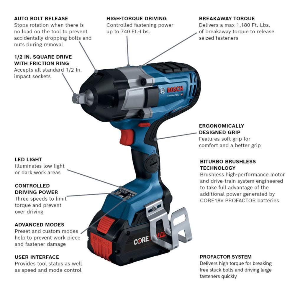 Bosch GDS18V-740CB14 PROFACTOR 18V Connected 1/2" Impact Wrench Kit with Friction Ring and (1) CORE18V 8 Ah High Power Battery - 2