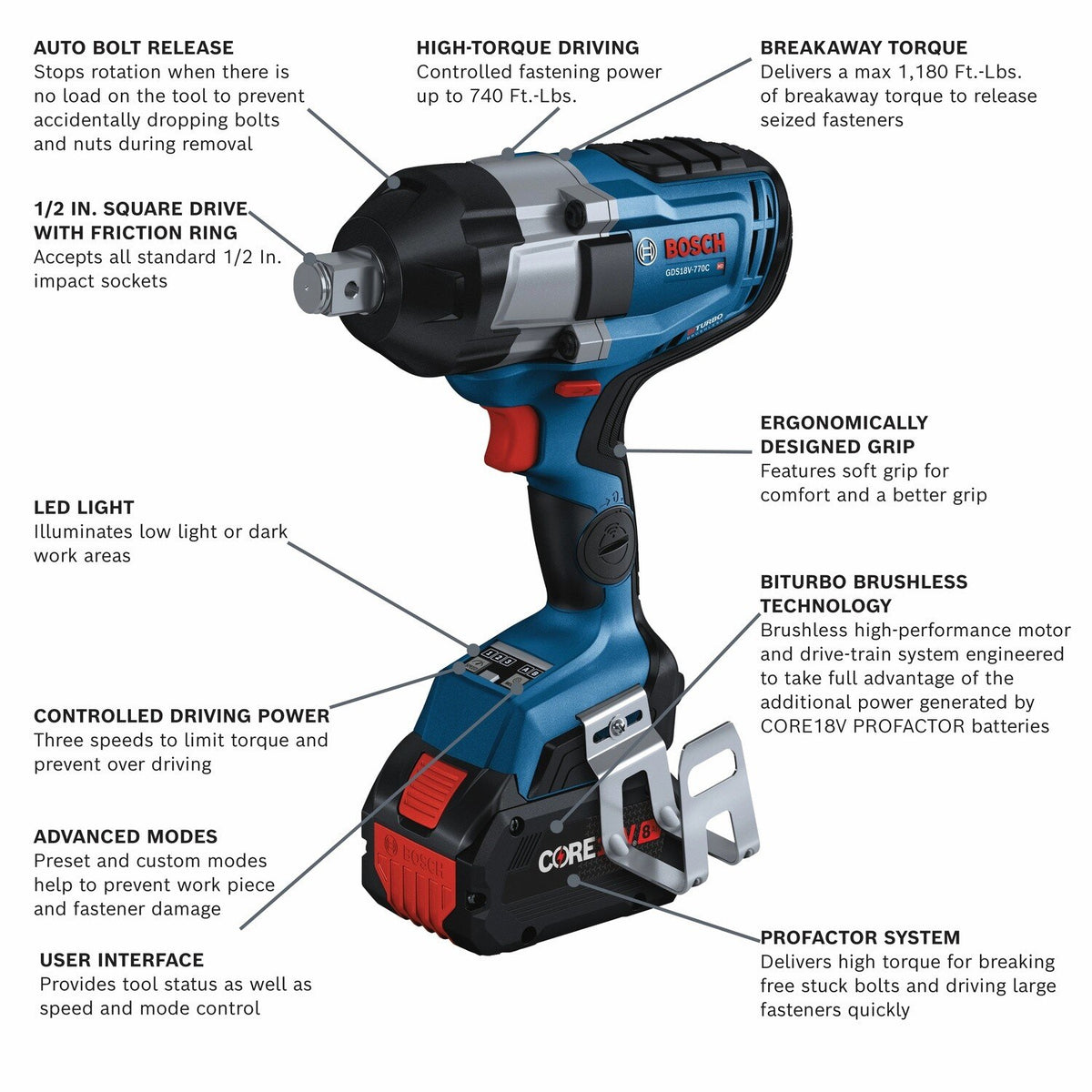 Bosch GDS18V-770CB14 18V 3/4" Connected Impact Wrench Kit with 8 Ah Battery and Charger - 2