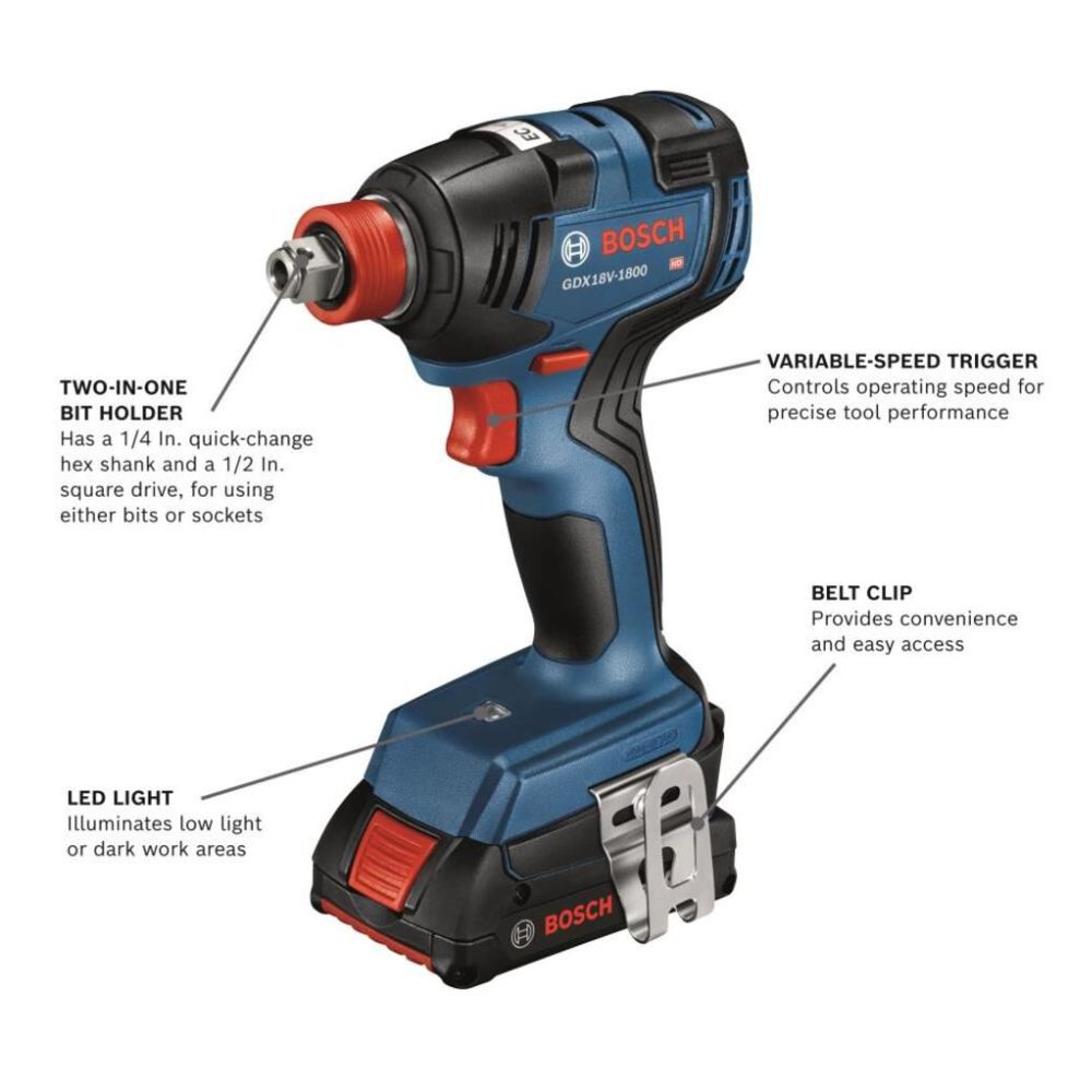 Bosch GDX18V-1800B12 18V Two-In-One 1/4" and 1/2" Bit/Socket Impact Driver/Wrench Kit with 2 Ah Standard Power Battery - 2