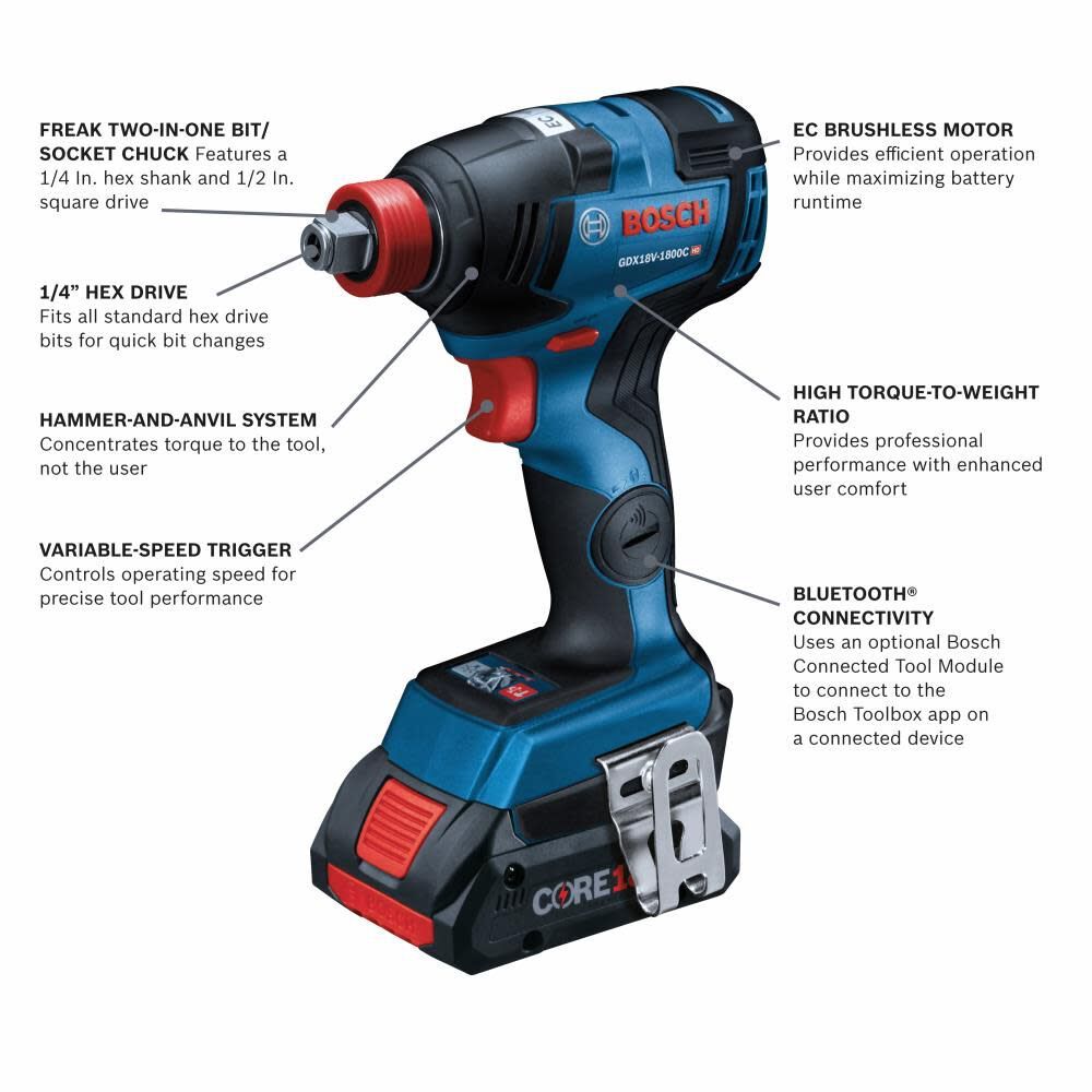 Bosch GDX18V-1800CB15 18V Connected-Ready Two-In-One 1/4 In. and 1/2 In. Bit/Socket Impact Driver/Wrench Kit with (1) CORE18V 4.0 Ah Compact Battery - 2