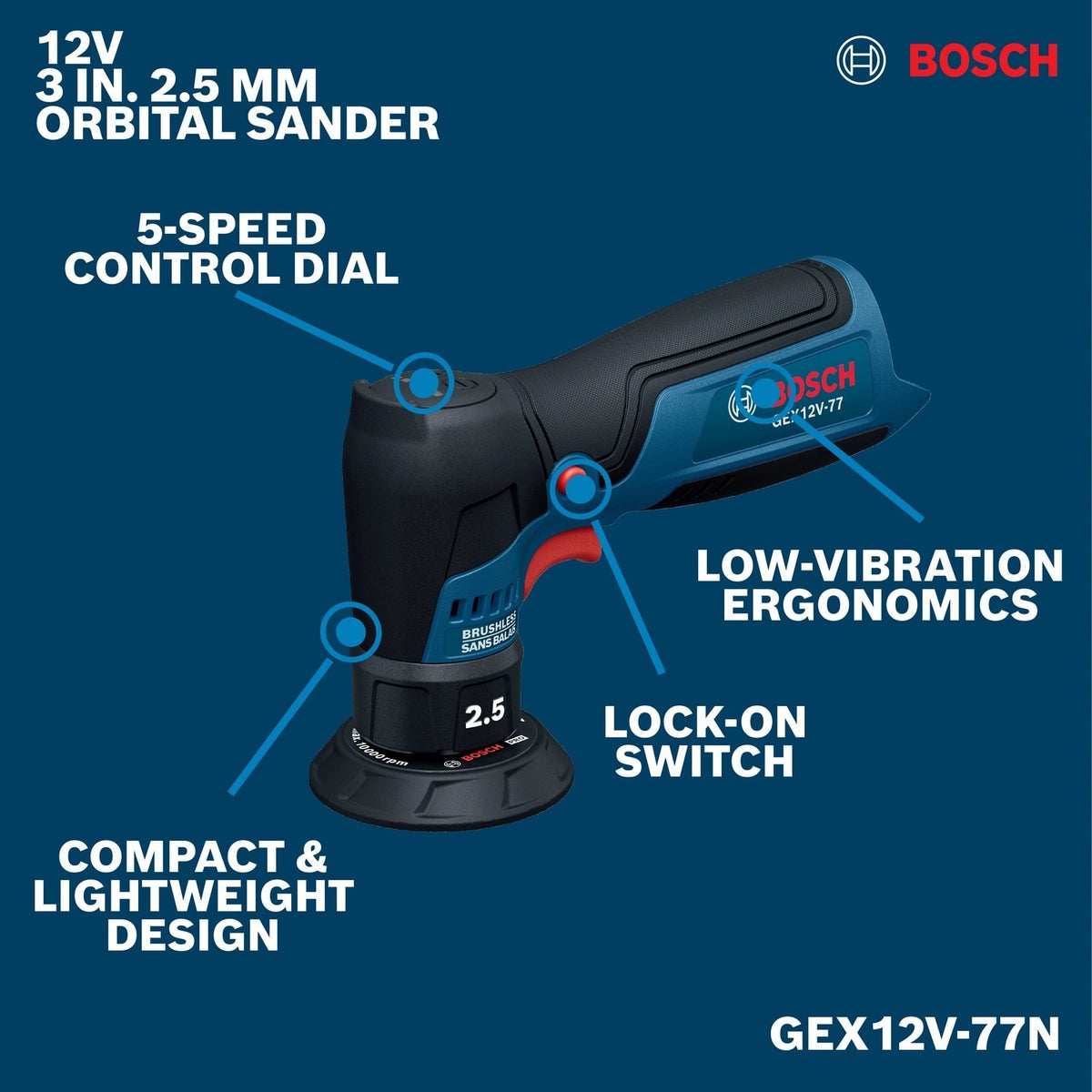 Bosch GEX12V-77N 12V Compact Cordless Brushless 3" Random Orbital Sander Bare Tool - 2