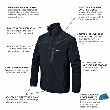 Bosch GHJ12V-20XLN12 12V Max Heated Jacket Kit with Portable Power Adapter Size XLarge