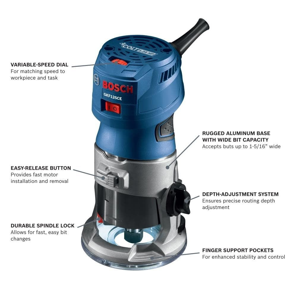 Bosch GKF125CEPK Colt 1.25 HP (Max) Variable-Speed Palm Router Combination Kit - 3