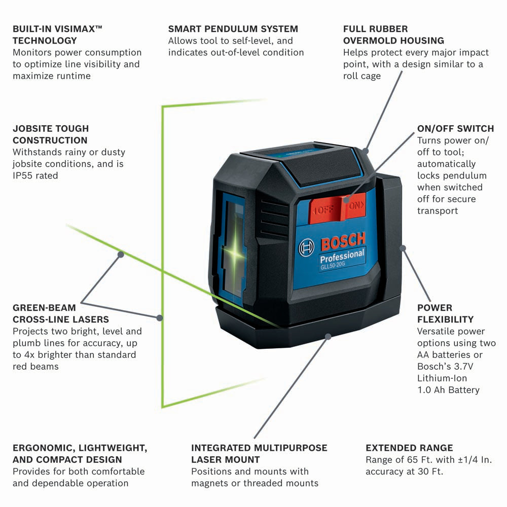 Bosch GLL50-20G Self-Leveling Cross-Line Laser - Green - 2