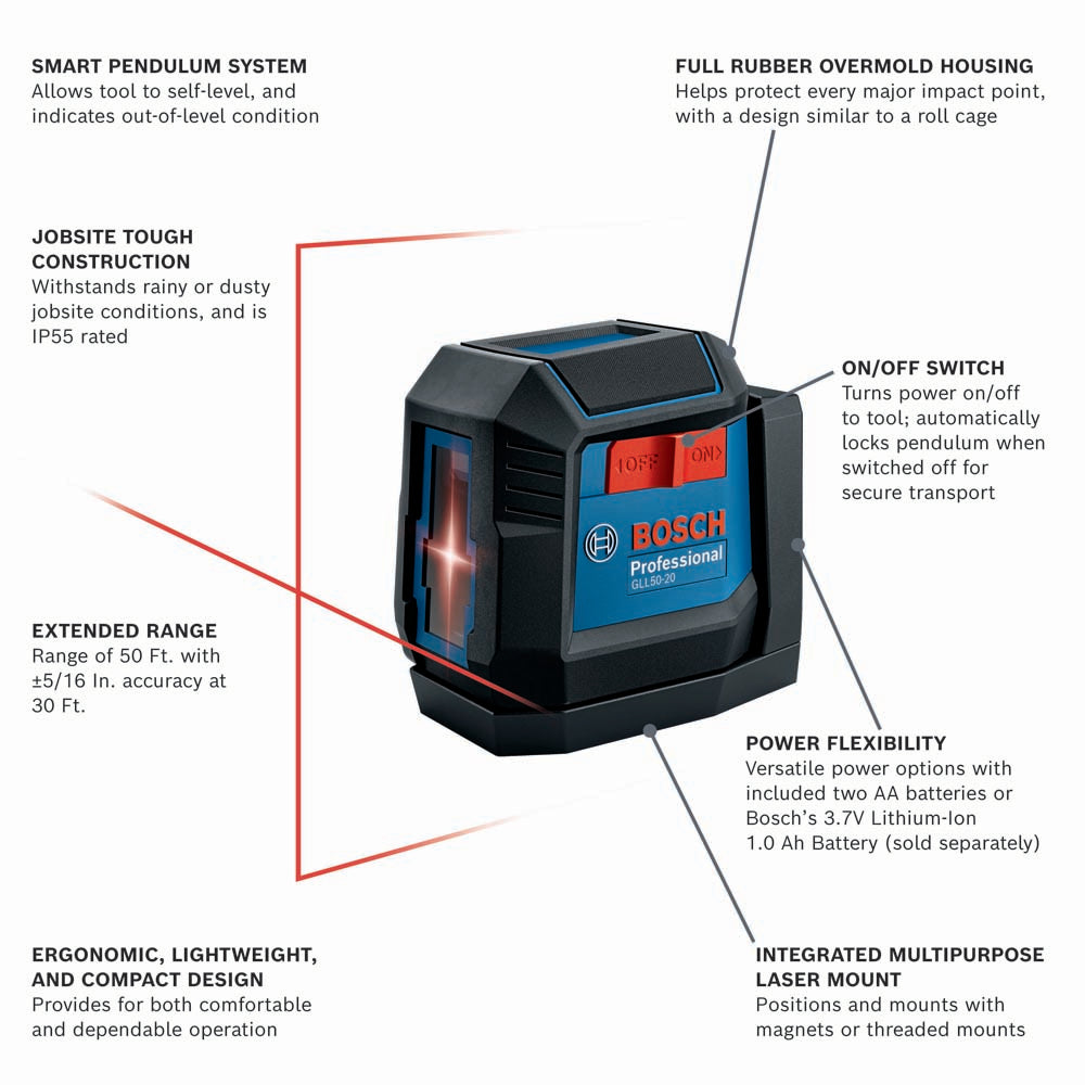 Bosch GLL50-20 1.5V Self-Leveling Cross-Line Laser - Red - 2