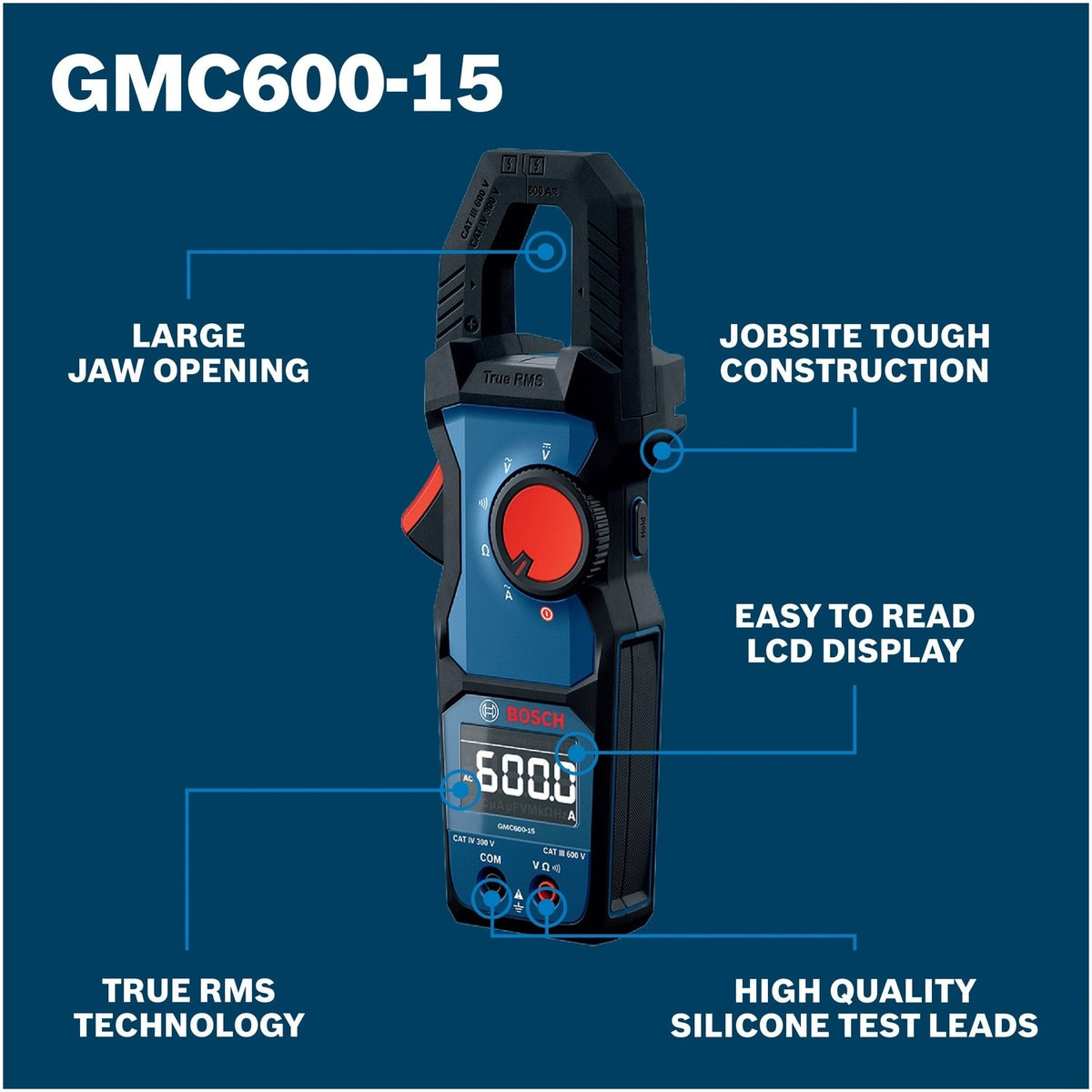 Bosch GMC600-15 True RMS 600A Clamp Meter with 1.18" Jaw Opening and Test Leads - 2