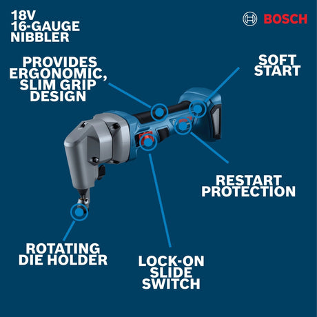 Bosch GNA18V-16EN 18V 16-Gauge Cordless Nibbler with Lock-On Slide Switch Bare Tool