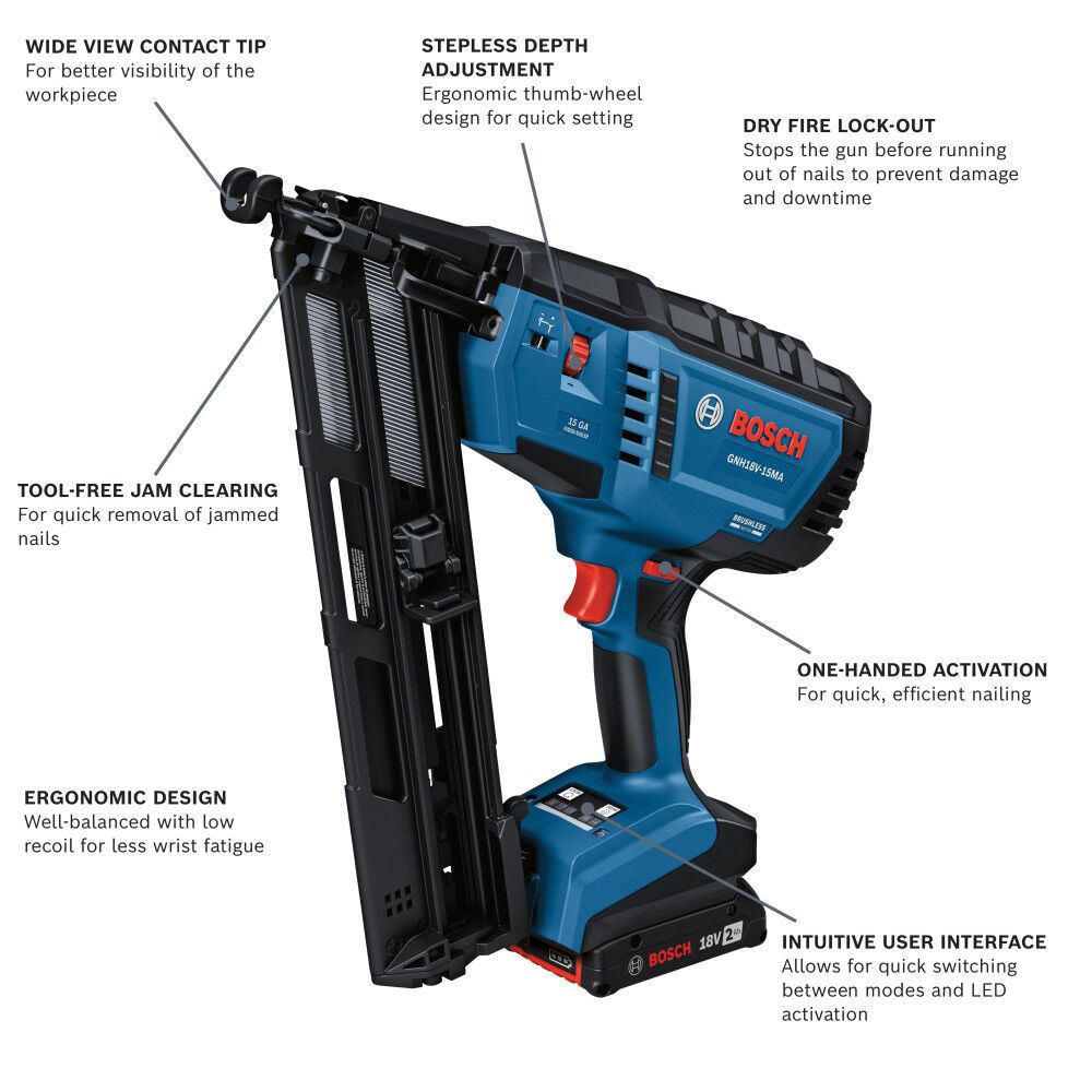 Bosch GNH18V-15MAB12 18V Brushless 15-Gauge Angled Finish Nailer Kit with (1) 2 Ah Standard Power Battery - 2