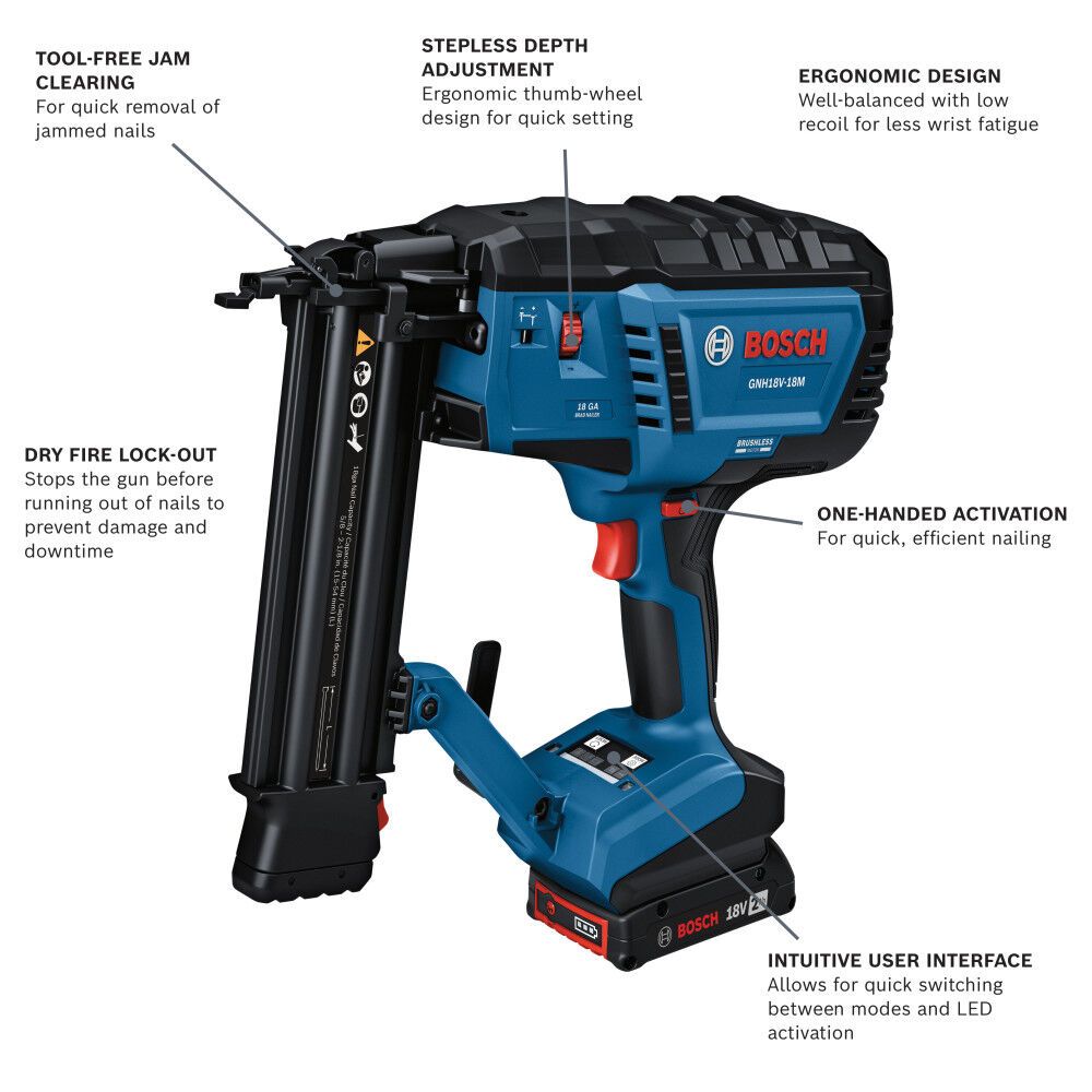 Bosch GNH18V-18MB12 18V Brushless 18-Gauge Brad Nailer Kit with (1) 2 Ah Standard Power Battery - 2