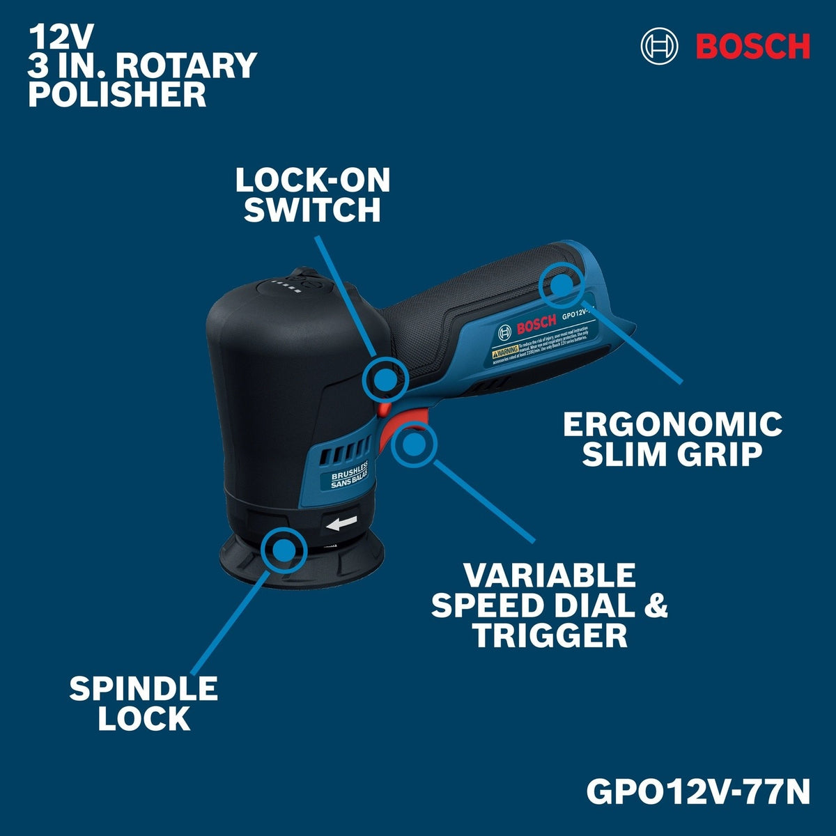 Bosch GPO12V-77N 12V Compact Cordless Brushless 3" Rotary Polisher (Bare Tool) - 3