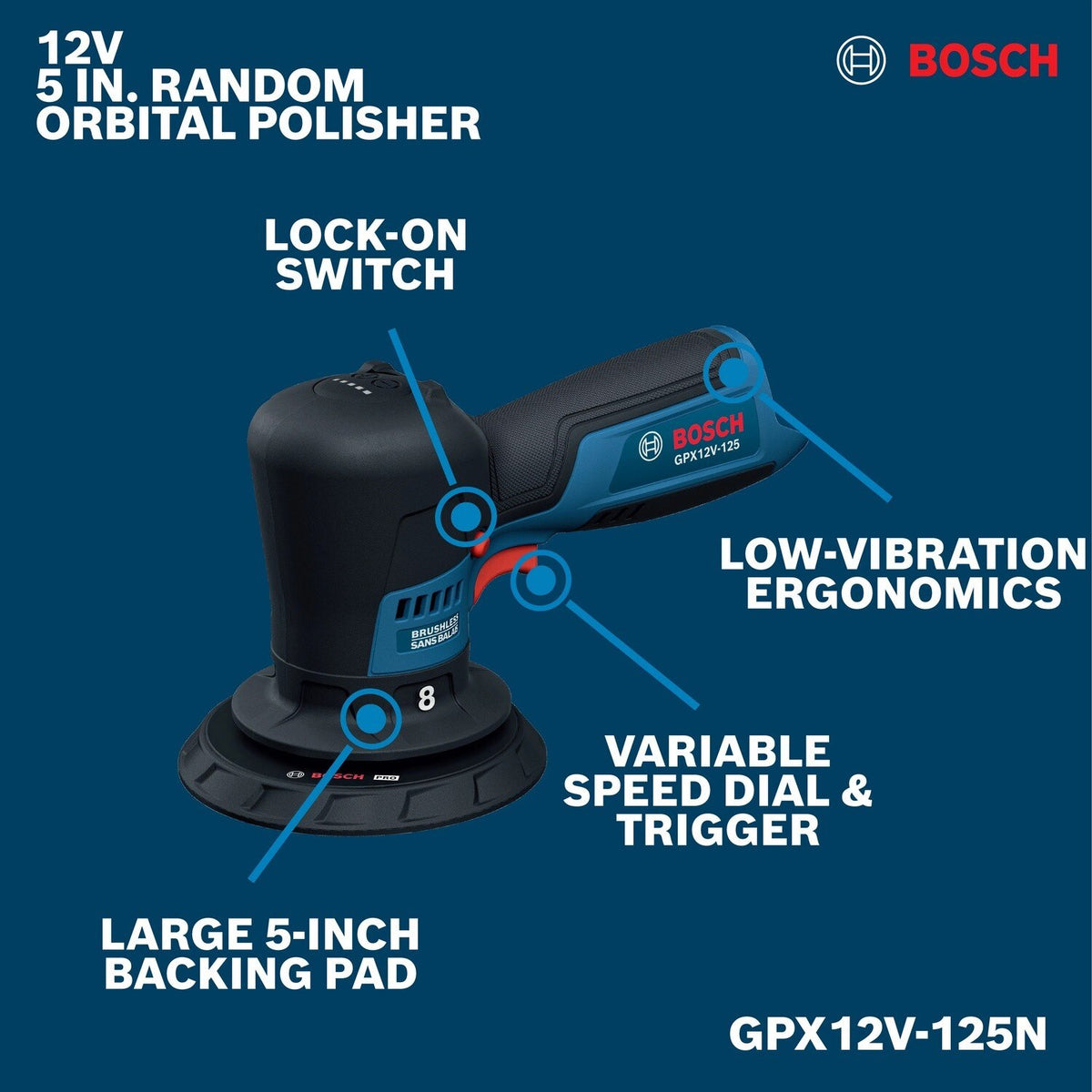 Bosch GPX12V-125N 12V Compact Cordless Brushless 5" Random Orbital Polisher Bare Tool - 2