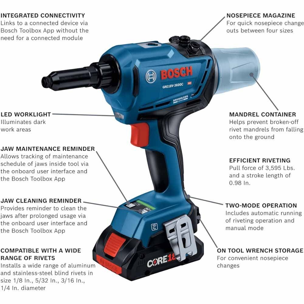 Bosch GRG18V-3600CB24 18V Brushless Rivet Gun w/ (2) CORE18V 4 Ah Advanced Power Battery - 2