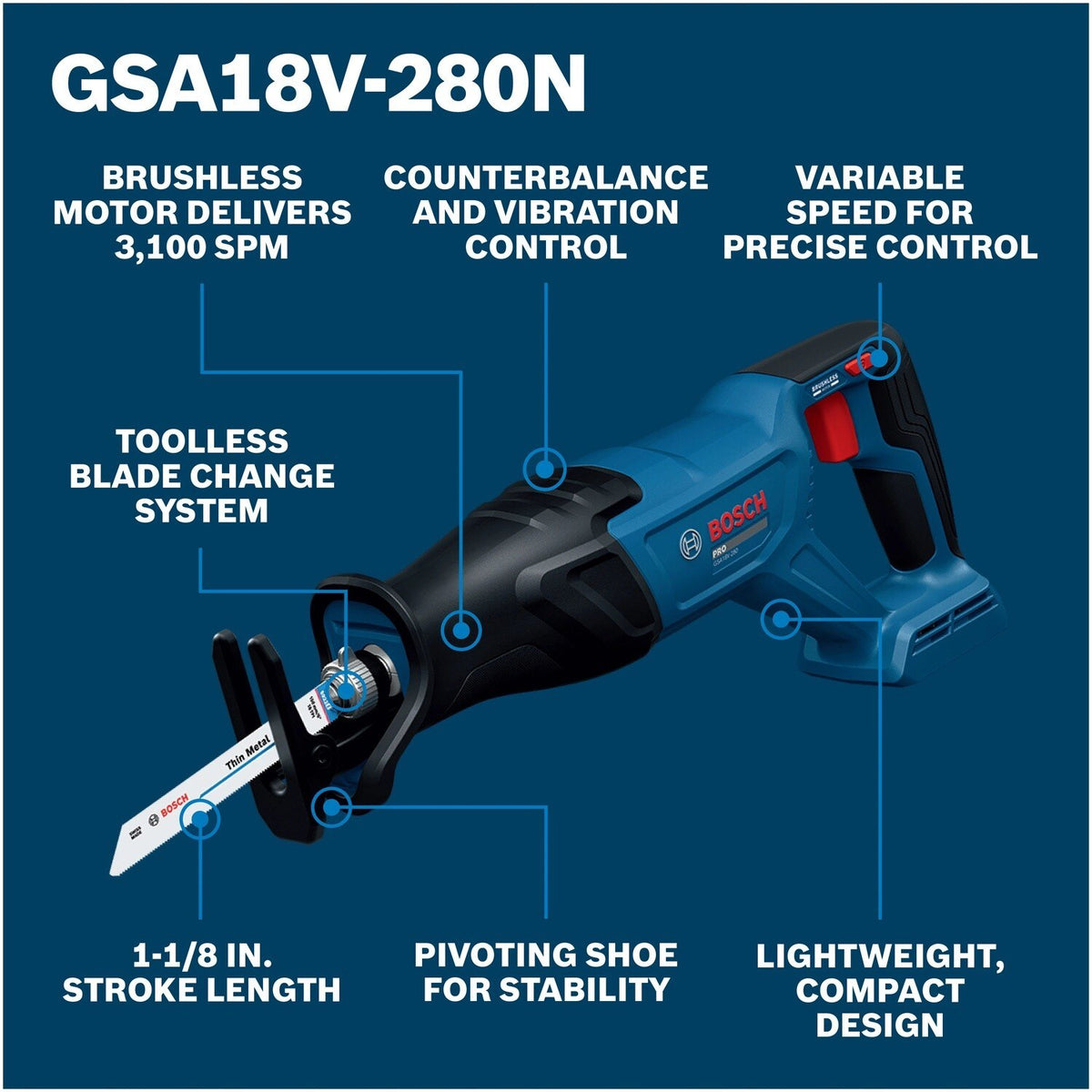 Bosch GSA18V-280N 18V Brushless Cordless Reciprocating Saw Tool Only - 2