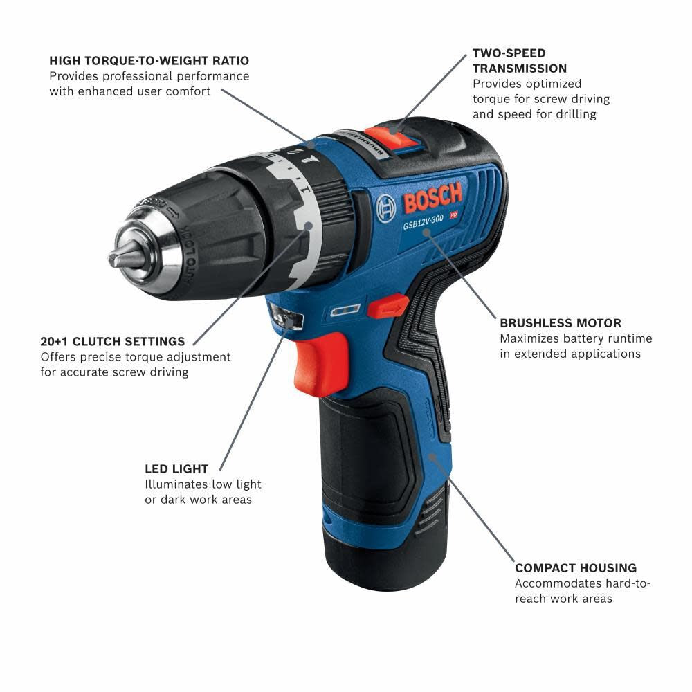 Bosch GSB12V-300B22 12V Max Brushless 3/8 In. Hammer Drill/Driver Kit with (2) 2.0 Ah Batteries - 2